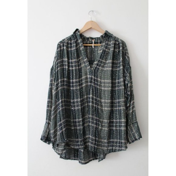 Free People Fearless Love Bell Sleeve Flannel Shirt Green Black Size Small - Picture 3 of 7